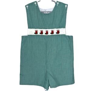 Vintage Fancy Threads Christmas Smocked Stocking Gingham One Piece Romper Size 4